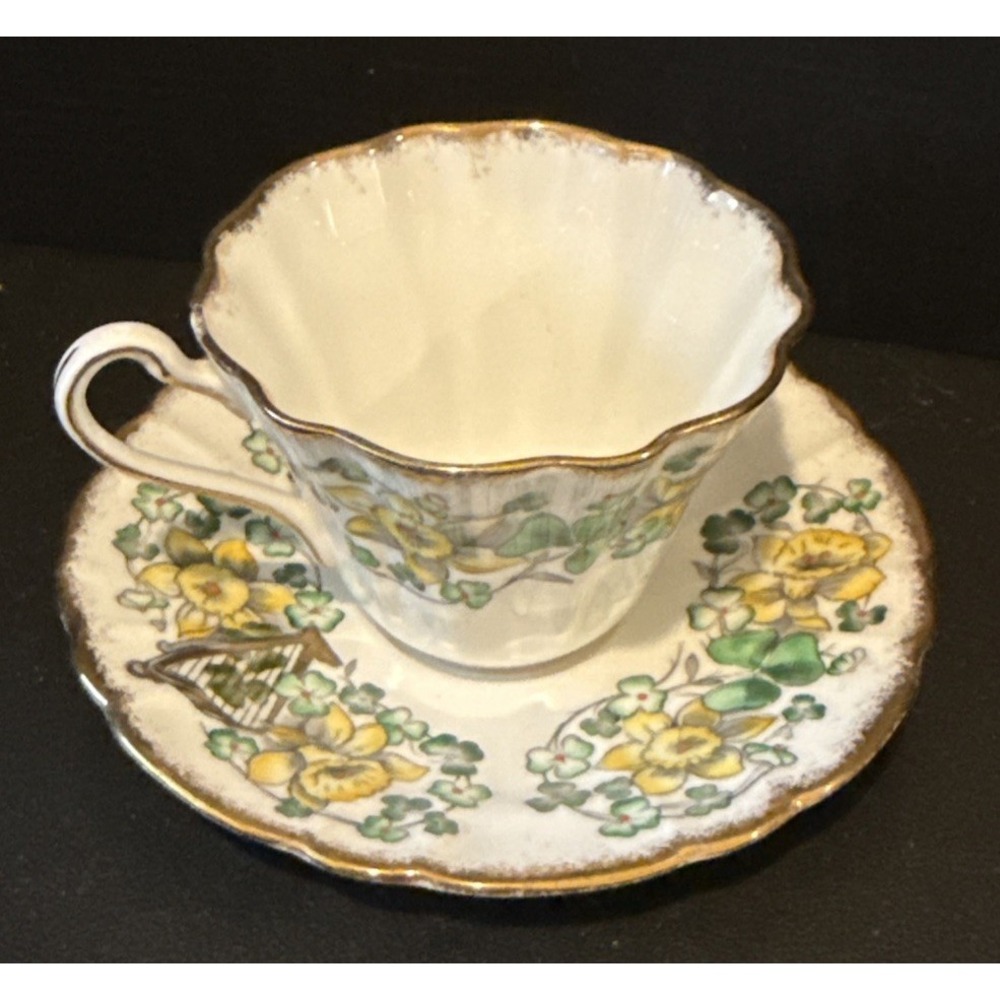 Royal Stafford Tea Cup‎ Saucer Emerald Isle Bone China Gold Trim Floral Harp VTG